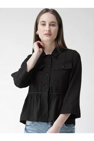 KASSUALLY Women Black Comfort Boxy Solid Casual Shirt