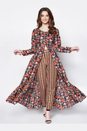 Sera Women Black & Orange Floral Printed Anarkali Kurta