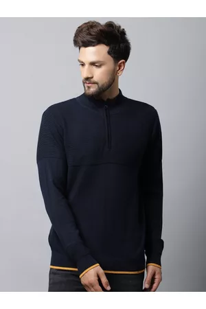 CANTABIL Men Navy Blue & Mustard Pullover