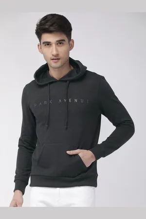Park Avenue Men Charcoal Grey Solid Hooded Sweatshirt With Applique Detailing