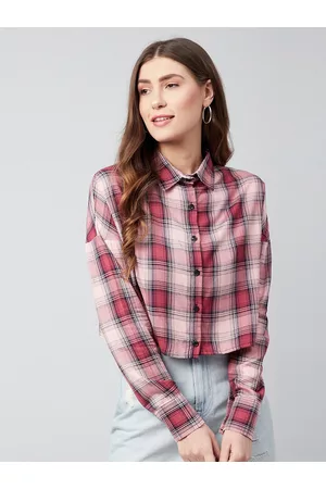 Chimpaaanzee Women Pink Oversized Tartan Checks Checked Casual Shirt