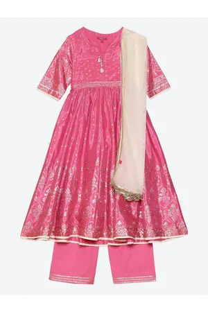 Biba Girls Pink Floral Pleated Kurta with Palazzos & With Dupatta