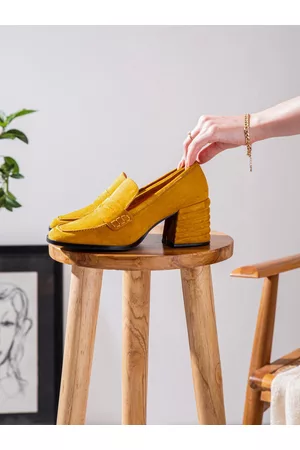 SAINT G. Women Mustard Yellow Suede Block Pumps