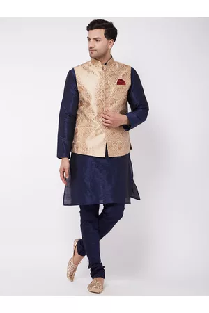 Vastramay Men Navy Blue Kurta with Churidar & Nehru Jacket