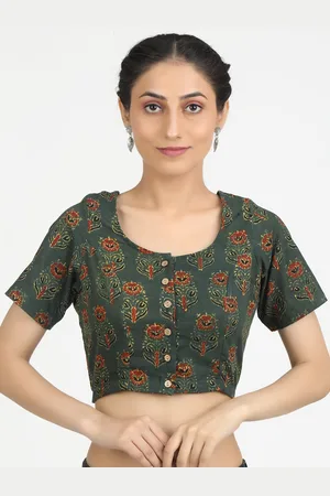 Llajja Women Green Printed Cotton Saree Blouse