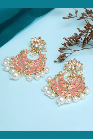 karatcart Pink & White Gold-Plated Classic Chandbali Earrings