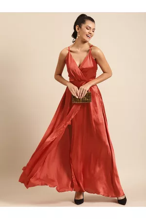 DODO & MOA Women Rust Orange Solid Satin Sheen Maxi Slip Dress
