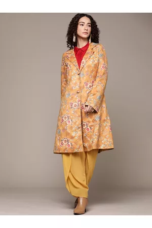 Ritu Kumar Women Yellow Floral Suede Longline Coat