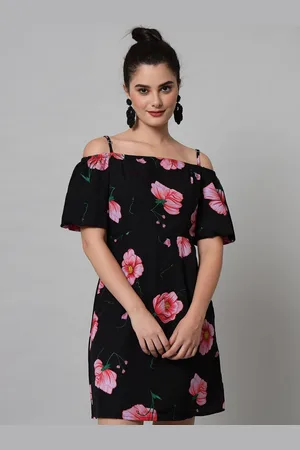 emeros Women Black Floral Off-Shoulder Crepe A-Line Dress