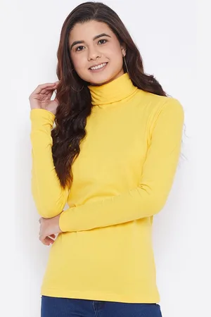 Hypernation Women Yellow High Neck Pure Cotton Slim Fit T-shirt