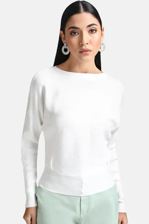 Kazo Women White Ribbed Pullover