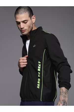 WROGN Men Black Typography Printed Mock-Collar Sporty Jacket