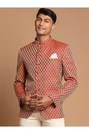 Vastramay Men Maroon Self-Design Slim-Fit Bandhgala Blazer
