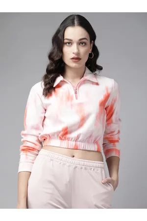 KASSUALLY Women Pink & Coral Orange Dyed Crop Sweatshirt