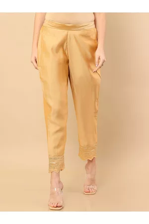 Soch Women Gold-Toned Chanderi Cotton Trouser With Embroidered Borders