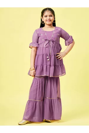 Stylo Bug Girls Purple Floral Printed Gotta Patti Kurta with Sharara