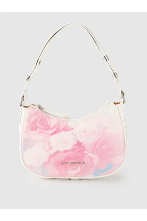 Lino Perros Women Off-White & Pink Floral Printed Croc Textured Structured Baguette Bag