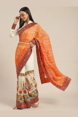 RAJGRANTH Orange & White Bandhani Embroidered Half and Half Bandhani Saree