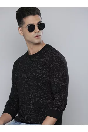 Flying Machine Men Black Abstract Print Pure Cotton Knitted Pullover