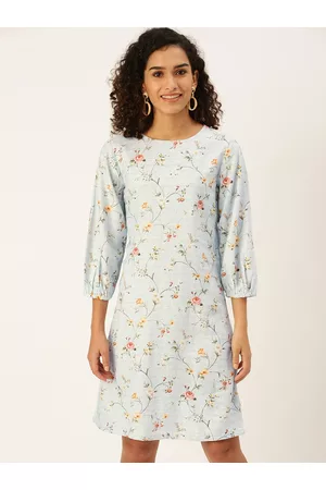AND Blue Floral Linen A-Line Dress