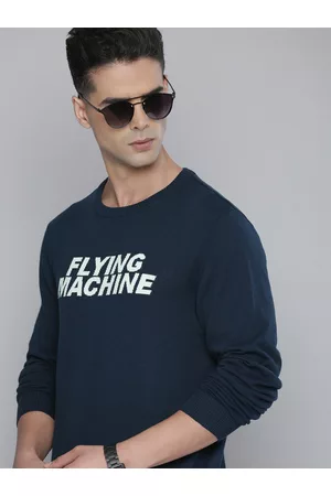 Flying Machine Men Navy Blue Brand Logo Printed Pure Cotton Pullover