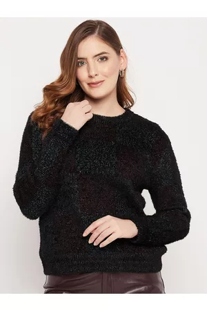 MADAME Women Black & Green Colourblocked Woolen Pullover