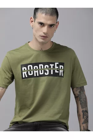 Roadster Men T-shirts - Men Olive Green Brand Logo Printed Pure Cotton T-shirt
