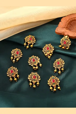 Yellow Chimes Gold-Plated Set of 9 Pink Choti Jadai Billai Bridal Hair Accessories