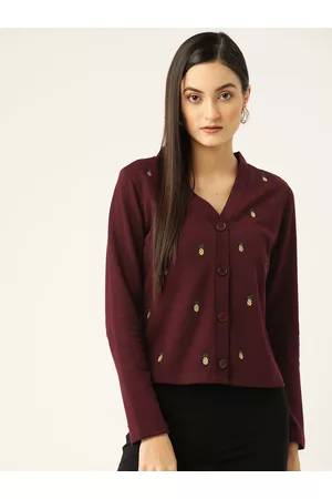 KASSUALLY Women Burgundy Pineapple Embroidered Cardigan Sweater