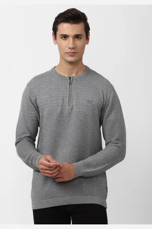 V Dot Men Grey Striped Pure Cotton Pullover