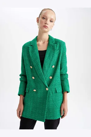 DeFacto Women Green Solid Double-Breasted Casual Blazer