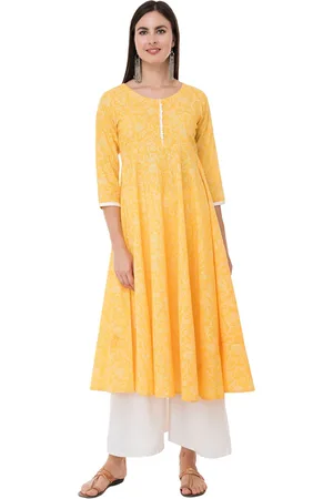 EZIS FASHION Women Yellow & White Ethnic Motifs Printed Anarkali Kurta