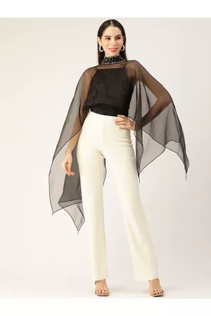 Antheaa Black Solid Jewel Neck Net Crop Top