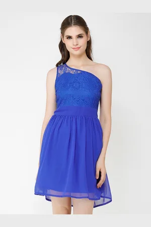 Cation Women Blue Self Design Fit and Flare Dress