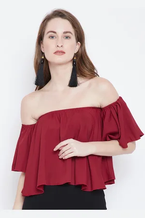 Women Solid Red Round Neck Puff Sleeves Styled Tie-Up Back Crepe Cropped  Top - Berrylush