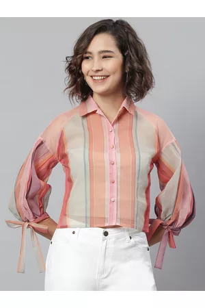 KASSUALLY Women Peach-Coloured & Multicoloured Regular Fit Striped Casual Shirt