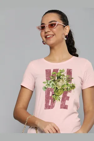 HERE&NOW Women Pink Typography Printed Pure Cotton T-shirt