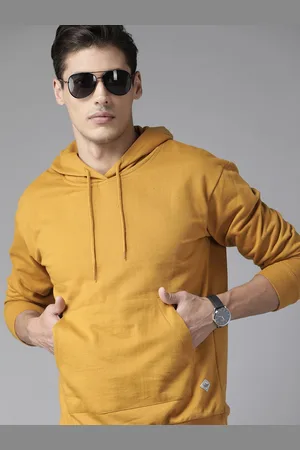 Roadster Men Mustard Yellow Solid Hooded Sweatshirt