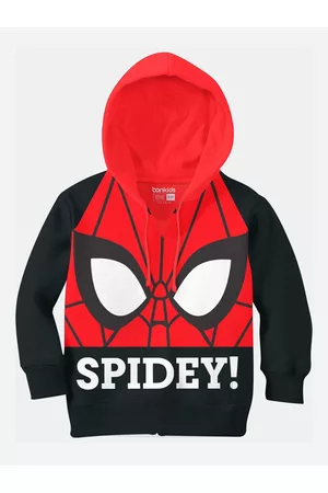 BONKIDS Boys Black & Red Spiderman Printed Cotton Hooded Sweatshirt
