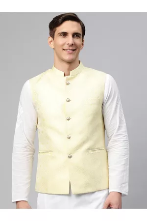 MANQ Men Beige & White Ethnic Motifs Jaquard Woven Design Nehru Jacket