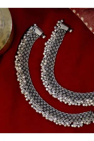 TEEJH Set Of 2 Oxidised Silver-Plated Veena Rawa Ghungroo Anklets