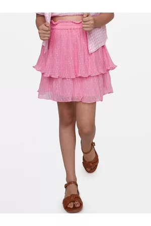 AND Girls Pink Solid Layered Skirt