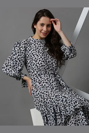 SHOWOFF Women White & Black Floral Layered High Neck Maxi Dress
