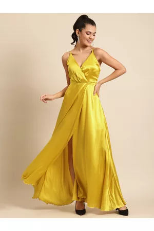 DODO & MOA Women Yellow Satin Finish Solid Maxi Dress