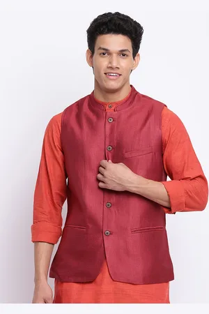 Fabindia Men Maroon Woven-Design Nehru Jacket