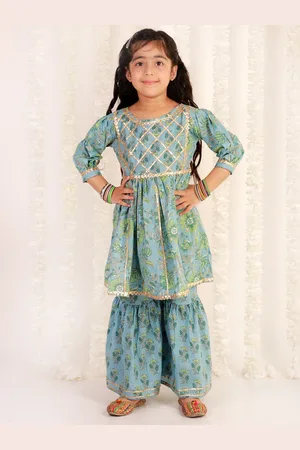 The Mom Store Girls Blue Floral Printed Pure Cotton Kurta with Sharara