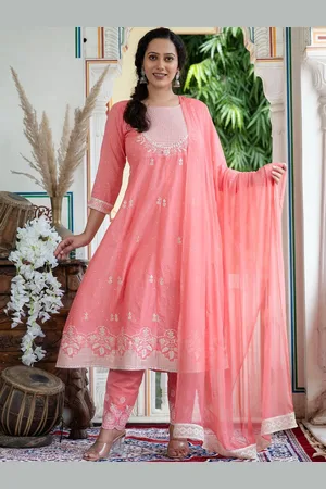 Kesarya Women Pink Embroidered Empire Sequinned Pure Cotton Kurta with Trouser & Dupatta