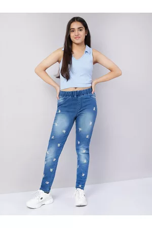 naughty ninos Girls Blue Light Fade Embroidered Stretchable Jeans