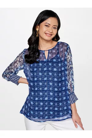 Global Desi Women Blue Floral Printed Keyhole Neck Top