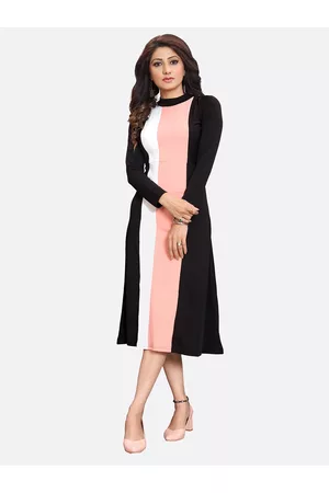 LONDON BELLY Women Black & Peach-Coloured Colourblocked A-Line Midi Dress